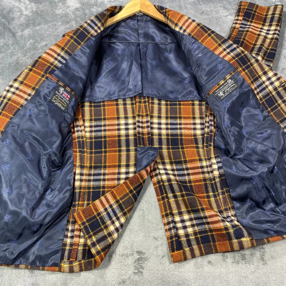 Vintage Austin Reed Blazer Sport Coat Jacket Mens 42L Orange Blue Plaid 60s 70s